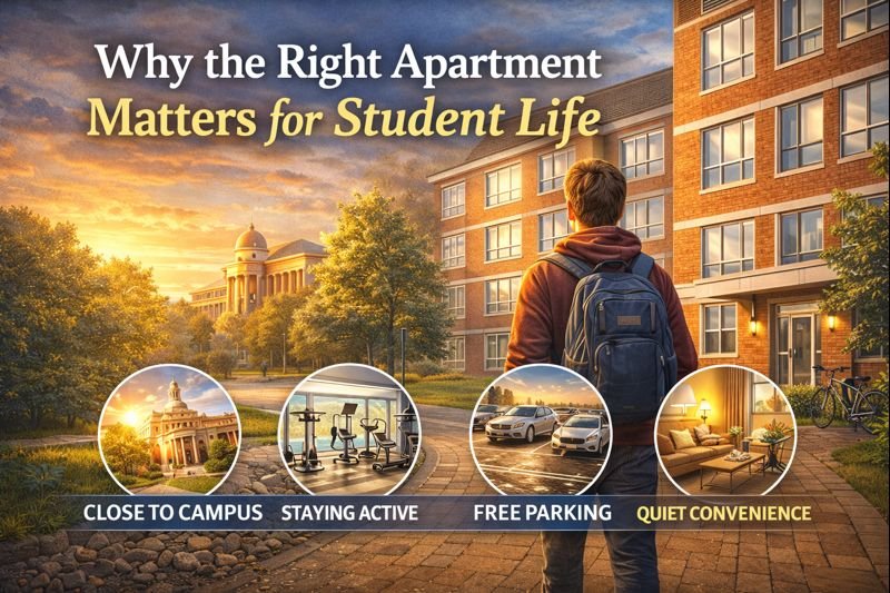 Student walking toward apartments near the University of Minnesota, highlighting walkable campus living, free parking, and quiet student housing.